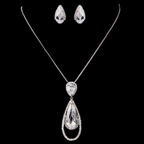 Silver Clear CZ Bridal Wedding Necklace & Earring Set 8719