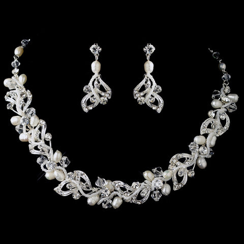 Silver Freshwater Pearl, Swarovski Crystal & Rhinestone Leaf Bridal Wedding Jewelry Set 9350