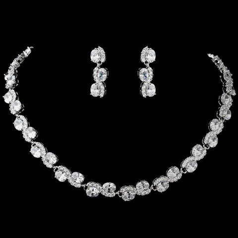 Rhodium Clear CZ Oval Swirl Bridal Wedding Jewelry Set 9591