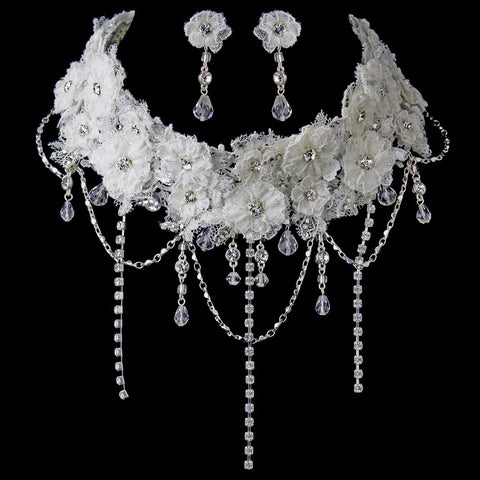 Silver Diamond White Accent Fabric & Clear Crystal Statement Bridal Wedding Jewelry Set 9693