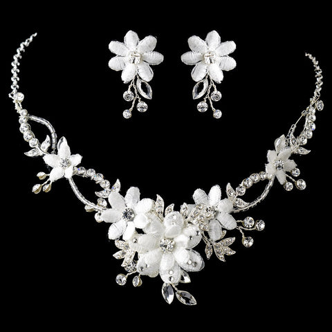 Silver Diamond White Fabric Flower & Rhinestone Accent Bridal Wedding Jewelry Set 9697