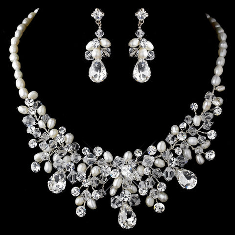 Gorgeous Silver Clear Crystal & Ivory Freshwater Pearl Statement Bridal Wedding Necklace & Earring Set 9783