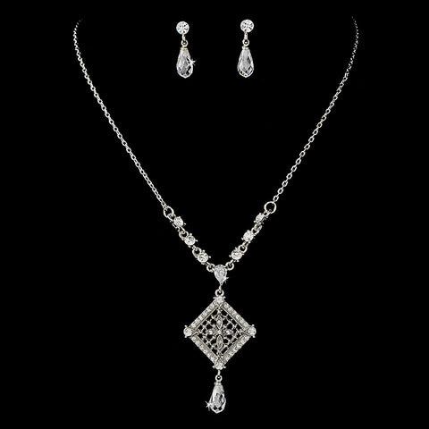 * Charming Antique Silver & Clear Crystal Bridal Wedding Necklace & Earring Set 995