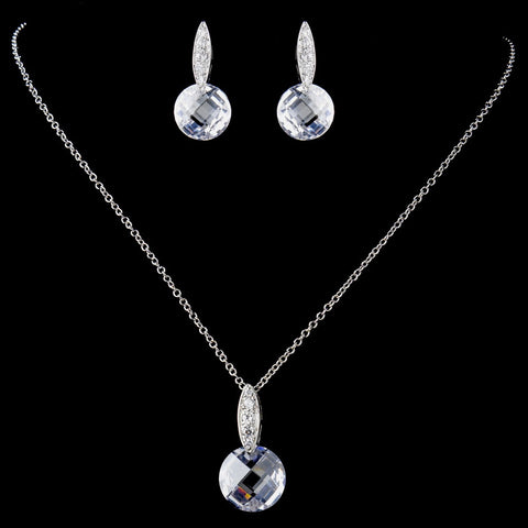 Antique Rhodium Silver Crystal & CZ Crystal Pendent Bridal Wedding Necklace & Earrings Set 9969