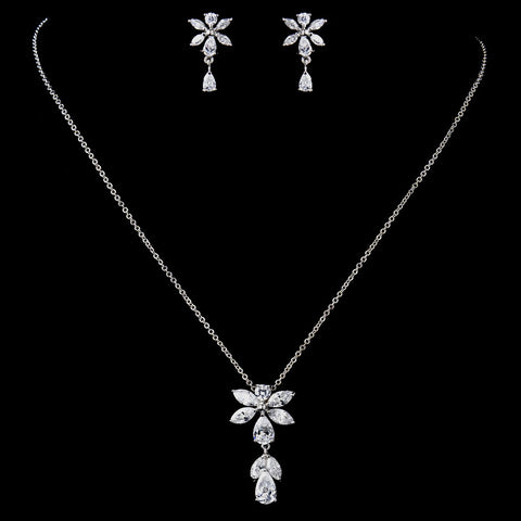 Antique Rhodium Silver CZ Crystal Flower Drop Bridal Wedding Jewelry Set 9971