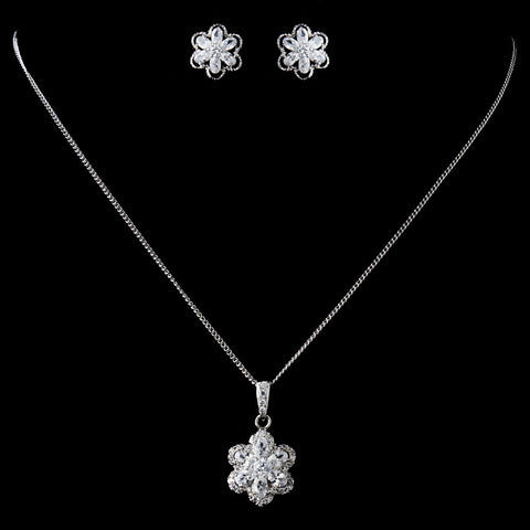 Antique Rhodium Silver CZ Crystal Flower Bridal Wedding Jewelry Set 9972
