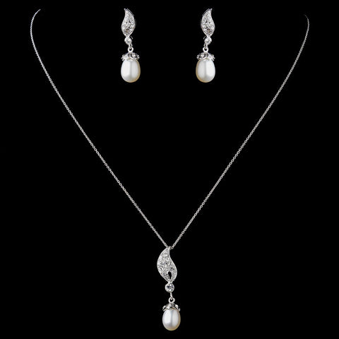 Solid 925 Sterling Silver CZ Crystal & Freshwater Pearl Drop Bridal Wedding Necklace & Earrings Set 9984