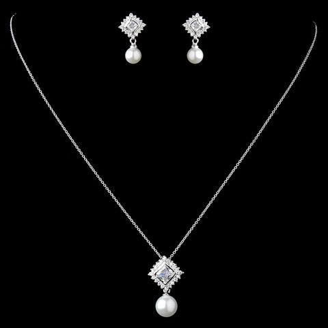 Sterling Silver CZ Crystal & White Pearl Square Bridal Wedding Jewelry Set 9987