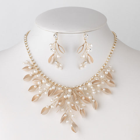 Light Gold Clear Rhinestone & Champagne Pearl Floral Vine Bridal Wedding Jewelry Set 10006