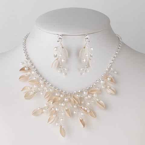 Silver Clear Rhinestone & Champagne Pearl Floral Vine Bridal Wedding Jewelry Set 10006