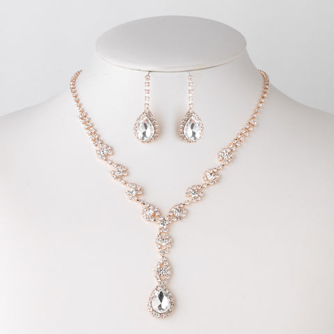 Rose Gold Clear Crystal Rhinestone Dangle Bridal Wedding Jewelry Set 298