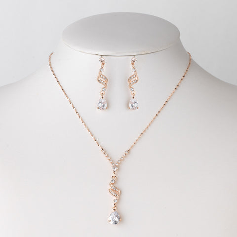 Rose Gold Clear Teardrop CZ Crystal Dangle Bridal Wedding Jewelry Set 304