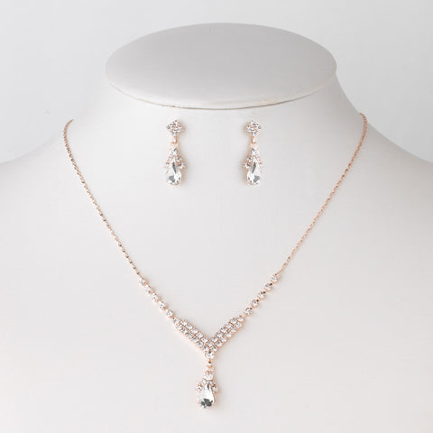 Rose Gold Clear Rhinestone Teardrop Bridal Wedding Jewelry Set 344