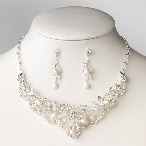 Silver Freshwater Pearl & Crystal Bridal Wedding Jewelry Set NE 7825