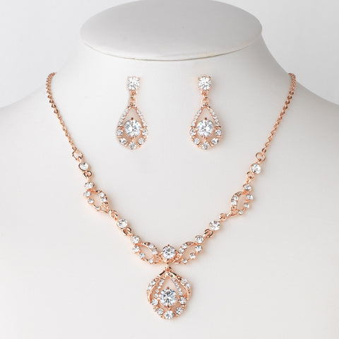 Rose Gold Clear Rhinestone Drop Bridal Wedding Jewelry Set 8265