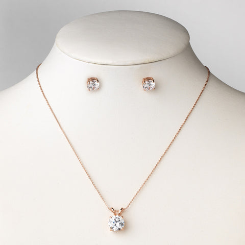 Rose Gold Clear Round CZ Pendant Bridal Wedding Jewelry Set 8598