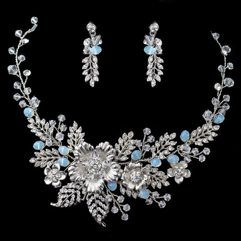 Rhodium Floral Bridal Wedding Jewelry Set with Rhinestones Opal Crystals