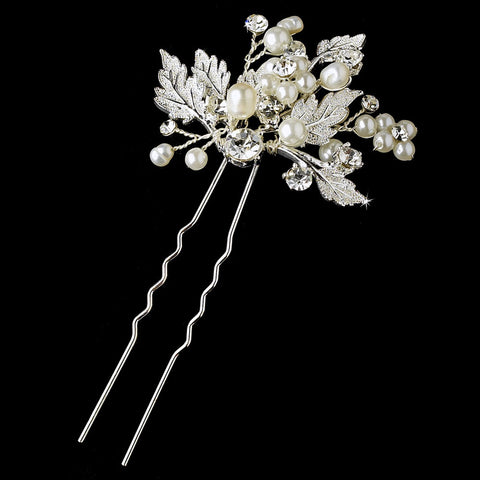 Silver Floral Vine Bridal Wedding Hair Pin 1129 Diamond White