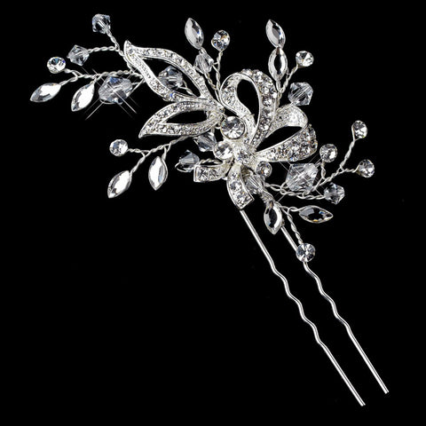 Silver Clear Swarovski Crystal Bead & Rhinestone Leaves Pin 11753