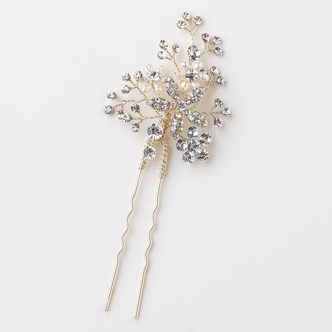 Light Gold Clear Rhinestone & Freshwater Pearl Flower Bridal Wedding Hair Pin 125
