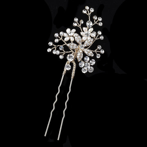 Light Gold Clear Rhinestone & Freshwater Pearl Flower Bridal Wedding Hair Pin 125