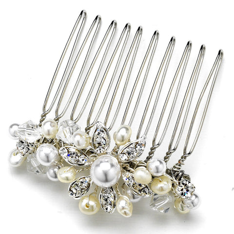 Silver White Pearl & Rhinestone Bridal Wedding Hair Accent Pin 3912