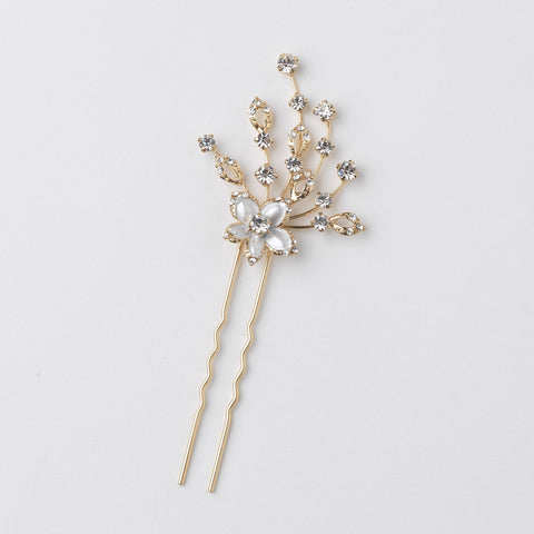 * Bridal Wedding Hair Pin 1715 Silver or Gold with Rhinestones and White Enamel Flower