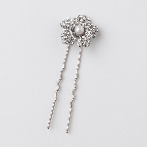 Rhodium Diamond White Pearl & Rhinestone Flower Bridal Wedding Hair Pin 47