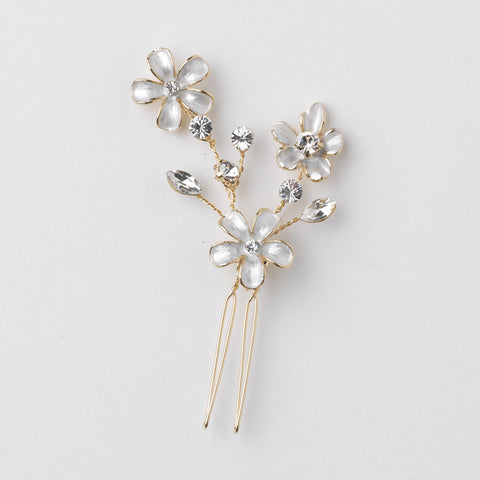 Bridal Wedding White Enamel Flower Gold Hair Pin 5135