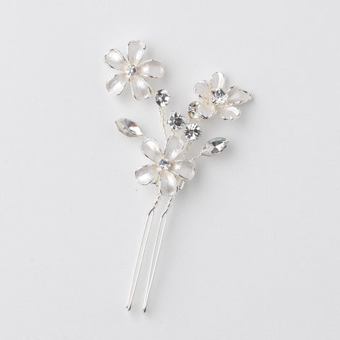 Bridal Wedding White Enamel Flower Silver Hair Pin 5135