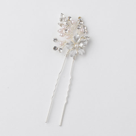 Silver Ivory Pearl & Rhinestone Flower Bridal Wedding Hair Pin 80