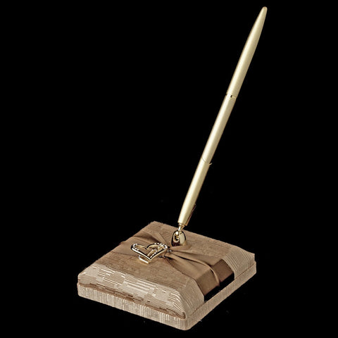 Brown Ribbon & Gold Heart Bridal Wedding Pen Set 722