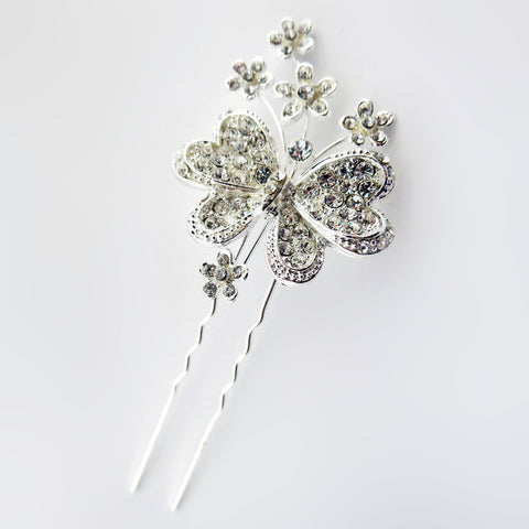 Silver Clear Rhinestone Floral Butterfly Pin 1121