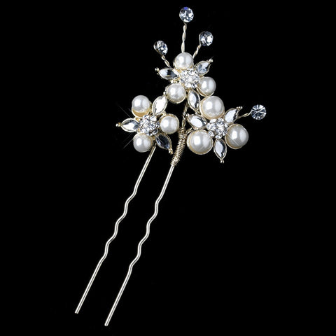 Light Gold Ivory Pearl & Rhinestone Bridal Wedding Hair Pin 1126