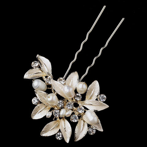 Light Gold Floral Leaf Freshwater Pearl & Rhinestone Pin 99