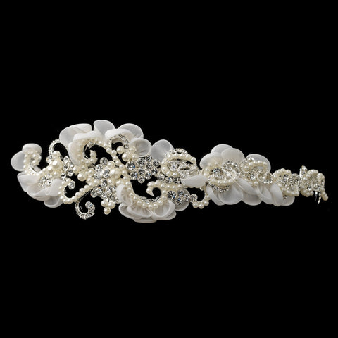Silver Diamond White Baroque Swirl Organza Bridal Wedding Headband