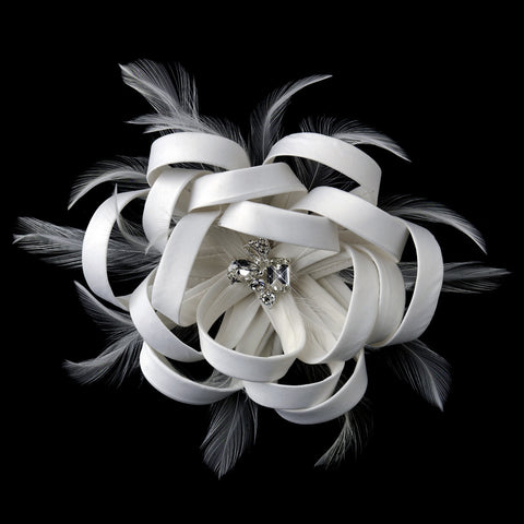 Diamond White Satin Ribbon Rhinestone Bridal Wedding Hair Clip with Feathers