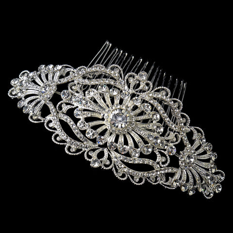 Silver Art Deco Floral Rhinestone Bridal Wedding Hair Comb