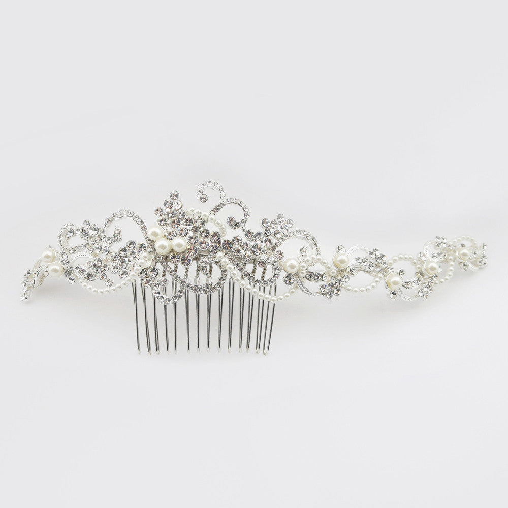 Silver Diamond White Pearl & Rhinestone Baroque Swirl Bridal Wedding Hair Comb