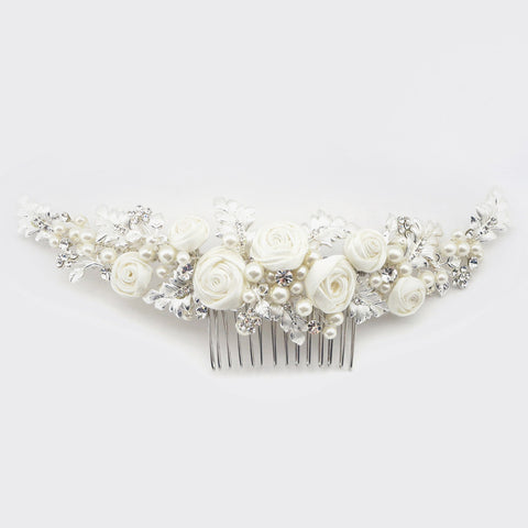Silver Diamond White Satin Rose Bridal Wedding Hair Comb