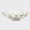 Silver Diamond White Satin Rose Bridal Wedding Hair Comb