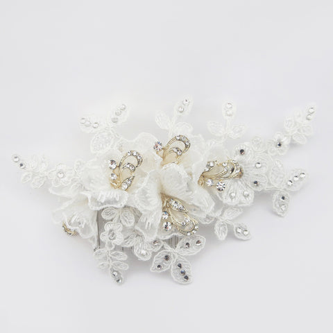 Diamond White Floral Lace & Tulle Bridal Wedding Hair Comb with Light Gold Accents