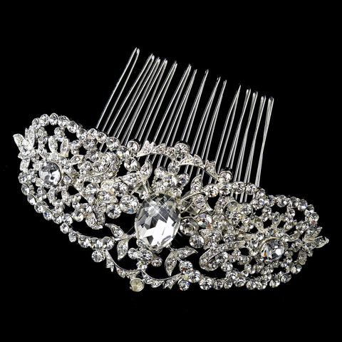Silver Floral Leaf Rhinestone Bridal Wedding Hair Comb