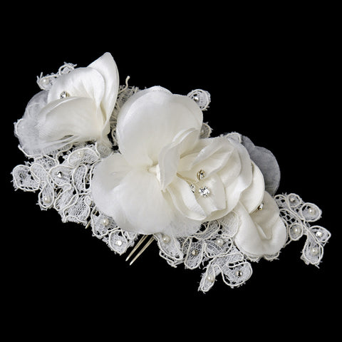 Diamond White Organza & Lace Flower Bridal Wedding Hair Comb