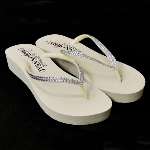 Sunshine ~ Low Heel Black Wedge Bridal Wedding Flip Flops with Crystal Straps