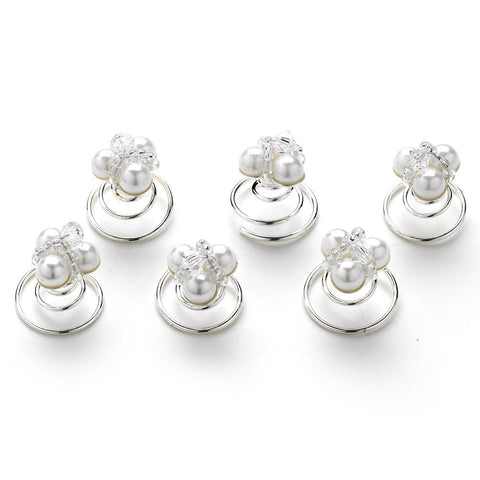 6 Chic Silver Clear Crystal Bead & White Pearl Bridal Wedding Twist Ins 278