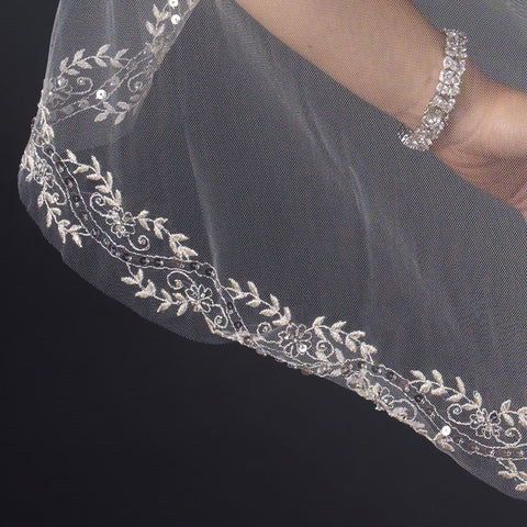 Single Layer Fingertip Length Embroidered Floral Leaves with Sequins Bridal Wedding Veil 1045 1F