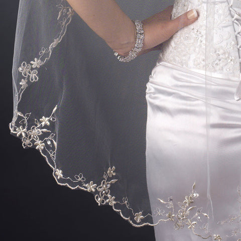 Single Layer Fingertip Length Scalloped Floral Embroidered Edge with Bugle Beads & Sequins Bridal Wedding Veil 1046 1F