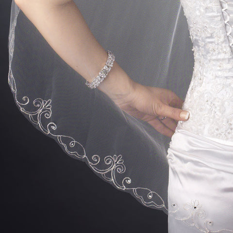 Single Layer Fingertip Length Swirl Edge with Rhinestones Bridal Wedding Veil 1052 1F