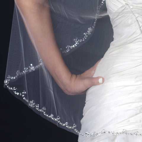 Single Layer Fingertip Length Bridal Wedding Veil with Rhinestone Beaded Cut Edge V 1131 1F